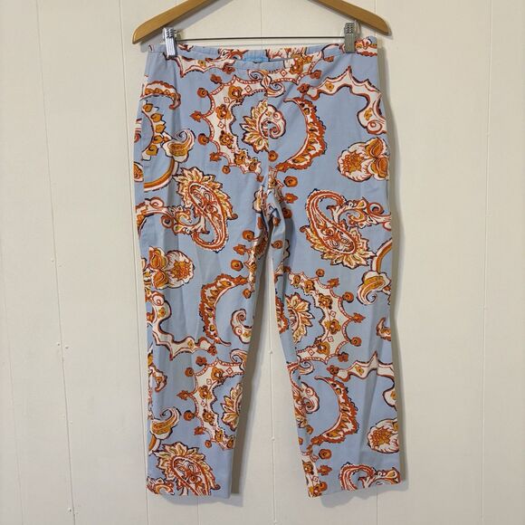 J. McLaughlin Size 12 Mid-rise Slim Fit Dixie Pants Blue Paisley Preppy Coastal - Picture 1 of 11